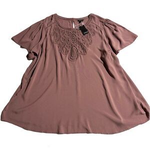 Torrid Blouse Women's 3X Challis Embroidered Flutter Short Sleeve Rose Taupe NWT